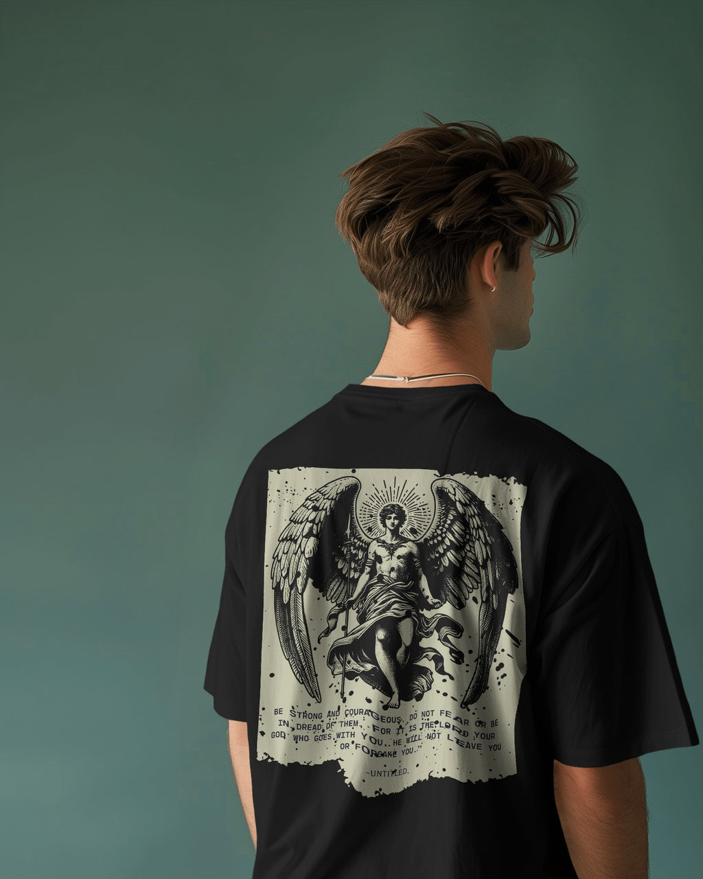 Celestial Guardian Angel Oversized Graphic Tee – Black