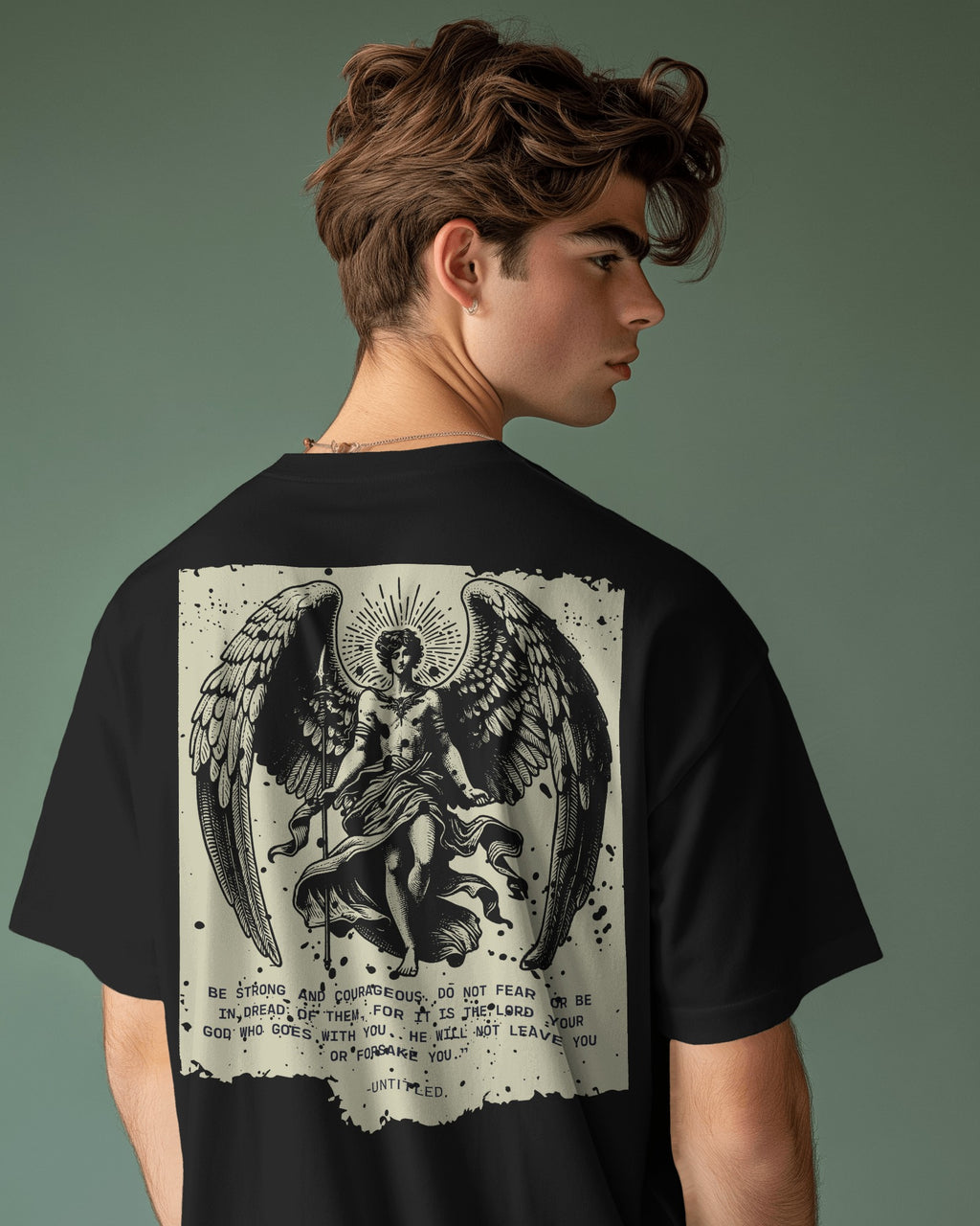 Celestial Guardian Angel Oversized Graphic Tee – Black