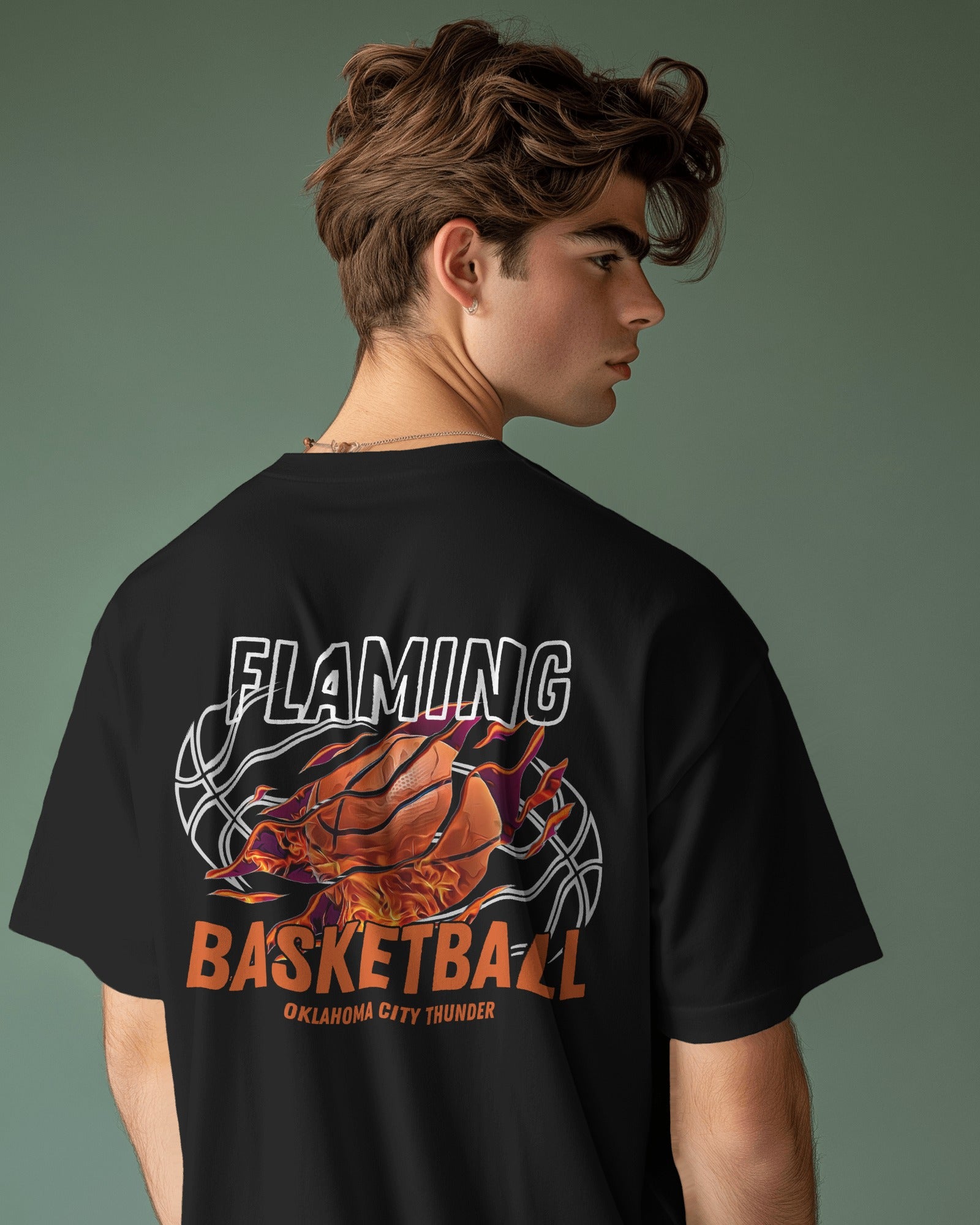 Flaming Basketball Oversized Graphic Tee – White