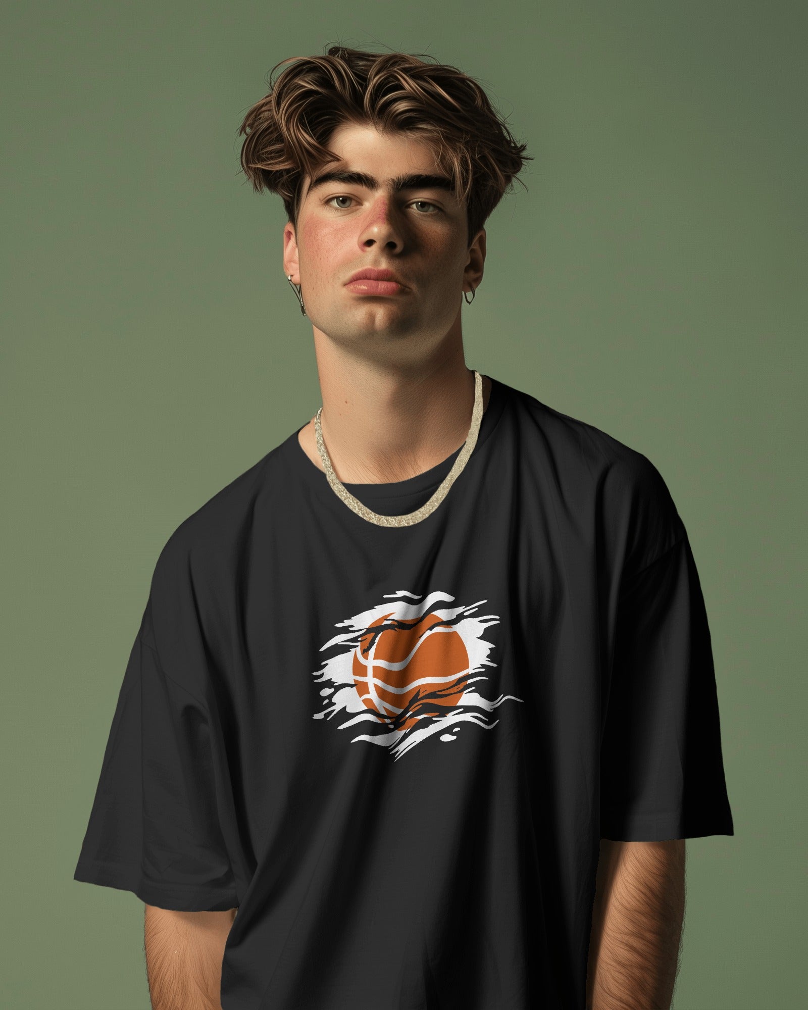 Flaming Basketball Oversized Graphic Tee – Black