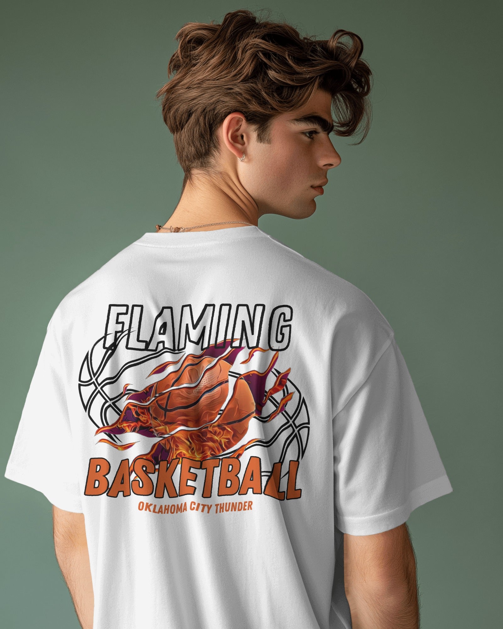 Flaming Basketball Oversized Graphic Tee – White