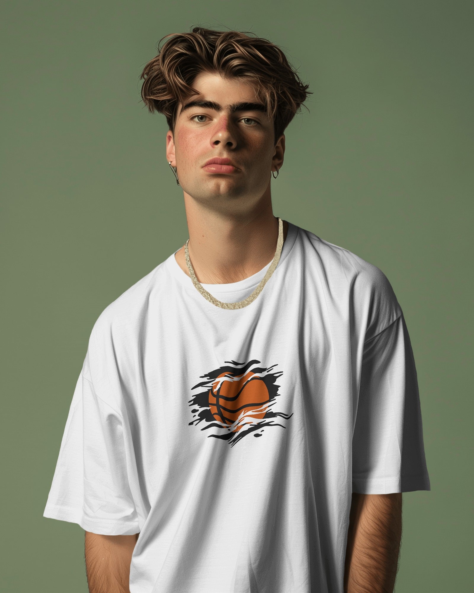 Flaming Basketball Oversized Graphic Tee – White
