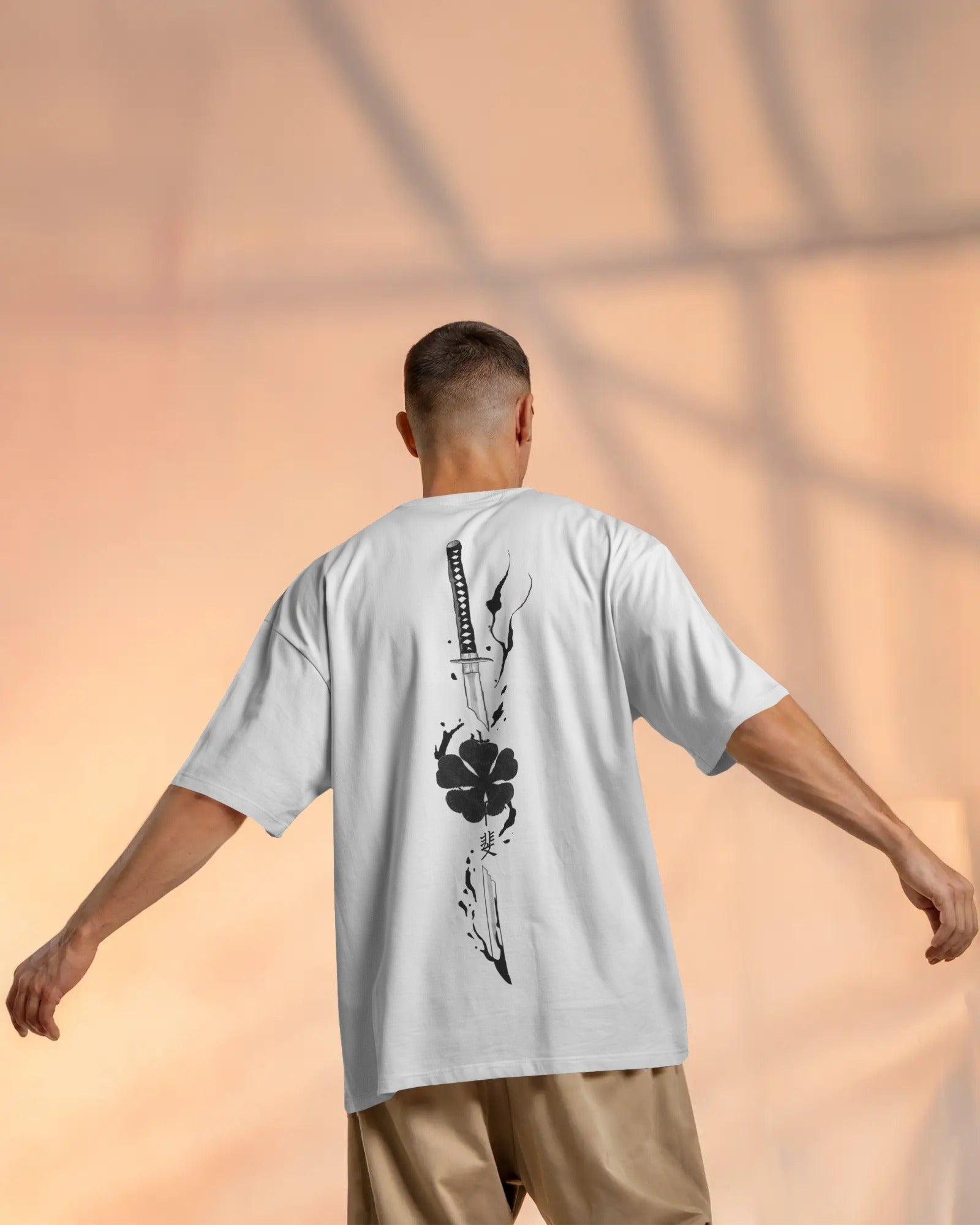 Rudrax Fits Japanese Wave &amp; Katana Oversized T-Shirt – White