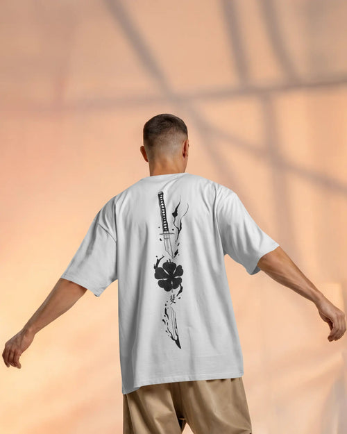 Rudrax Fits Japanese Wave &amp; Katana Oversized T-Shirt – White