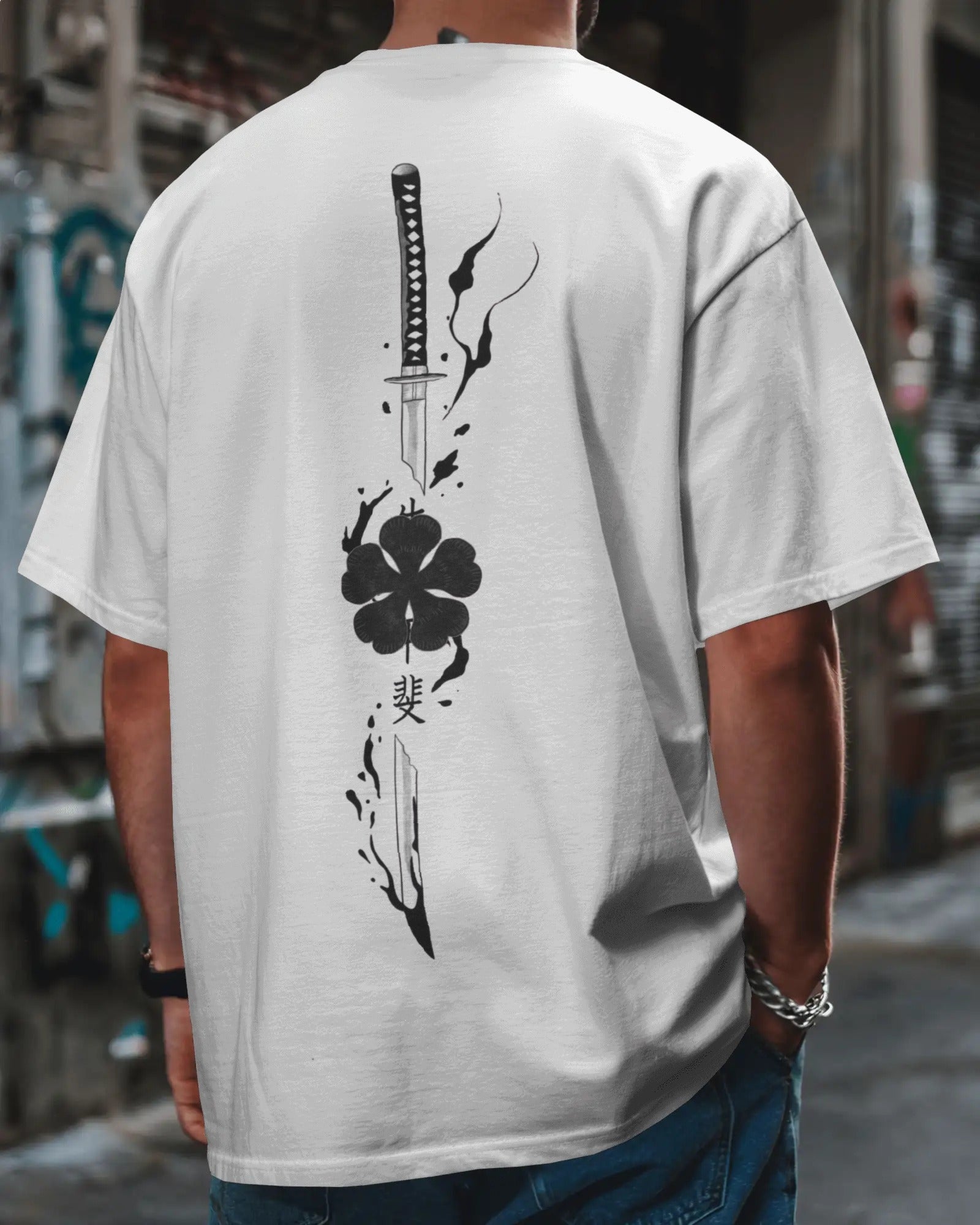 Rudrax Fits Japanese Wave &amp; Katana Oversized T-Shirt – White