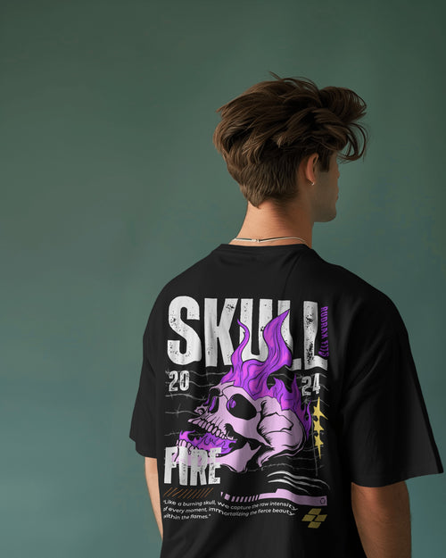 Skull Fire Oversized Black T-Shirt