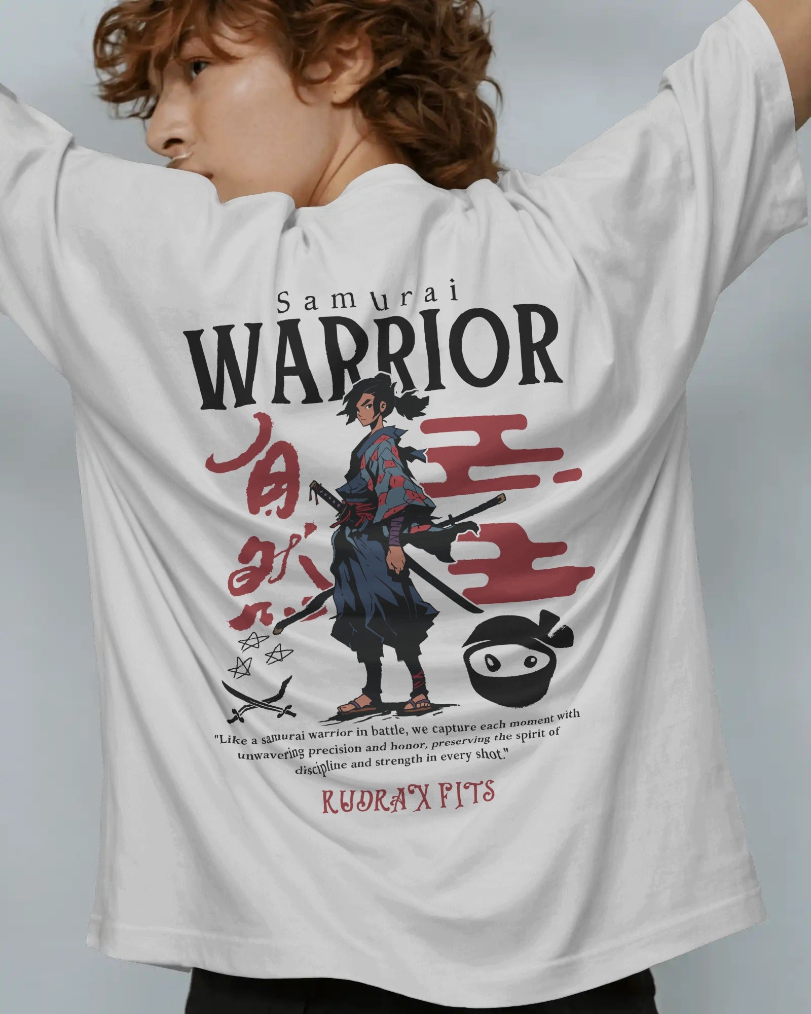 RUDRAX FITS – OVERSIZED SAMURAI WARRIOR T-SHIRT (WHITE)