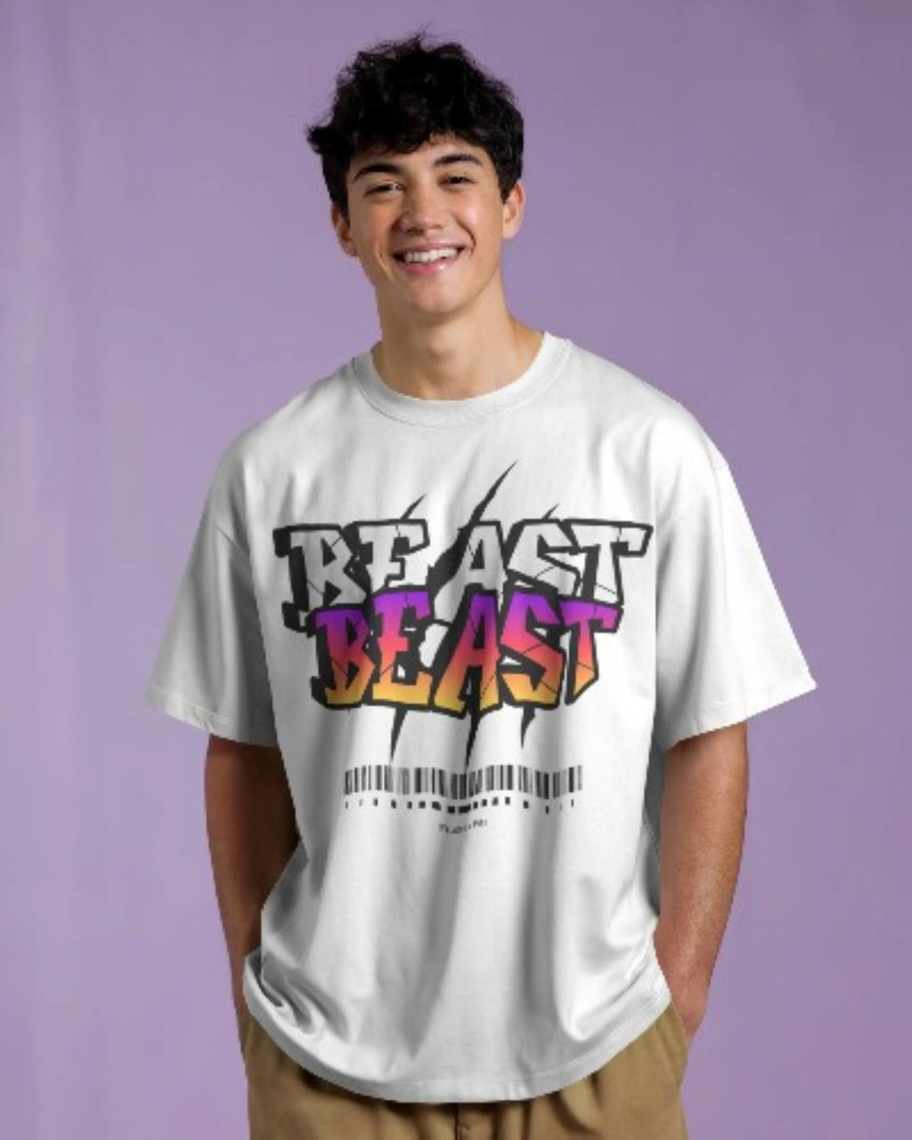 Oversized/Regular Fit BEAST Gradient Graphic Tee – White