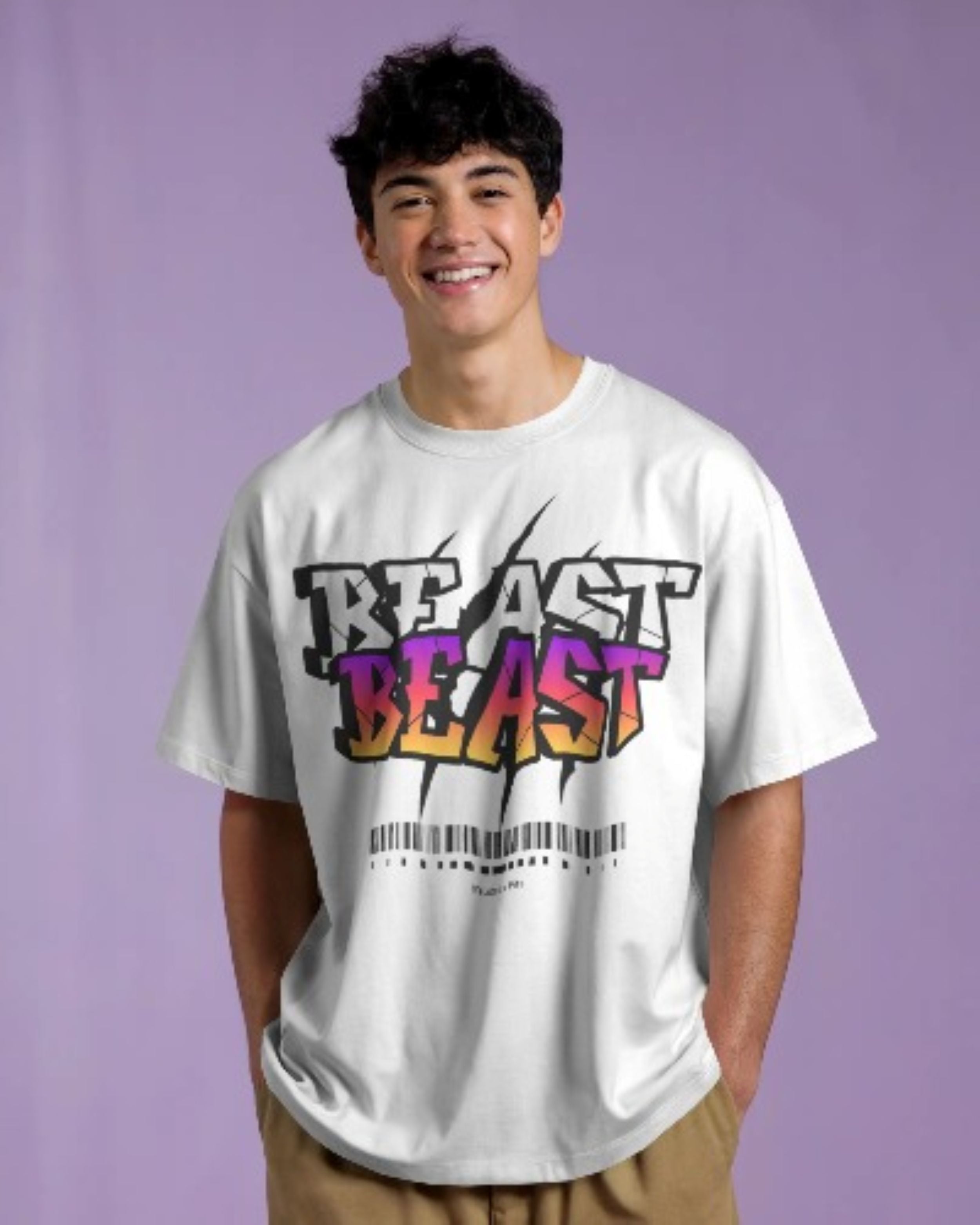 Oversized/Regular Fit BEAST Gradient Graphic Tee – White